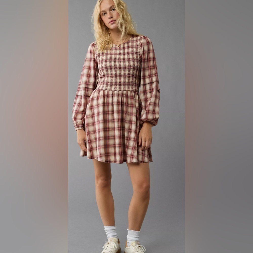 AE Long-Sleeve High Neck Plaid Mini Dress size XS
